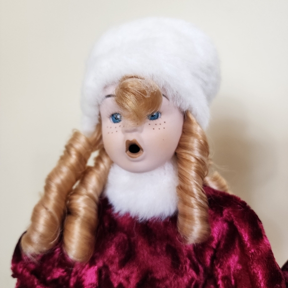 Red Velvet Velour Victorian Girl and Boy Christmas Caroler Set Christmas Decor - Picture 4 of 11